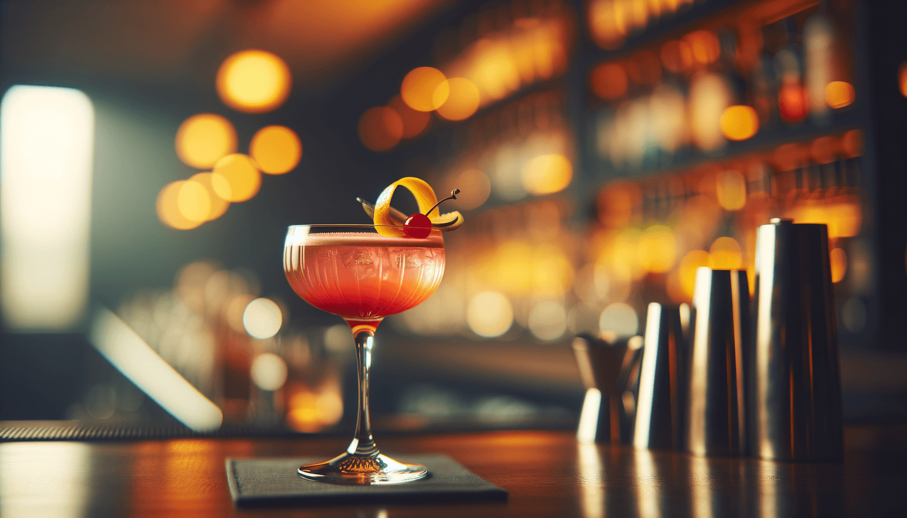 Bijou cocktail - gin-based served in coupe glass with lemon twist or cherry