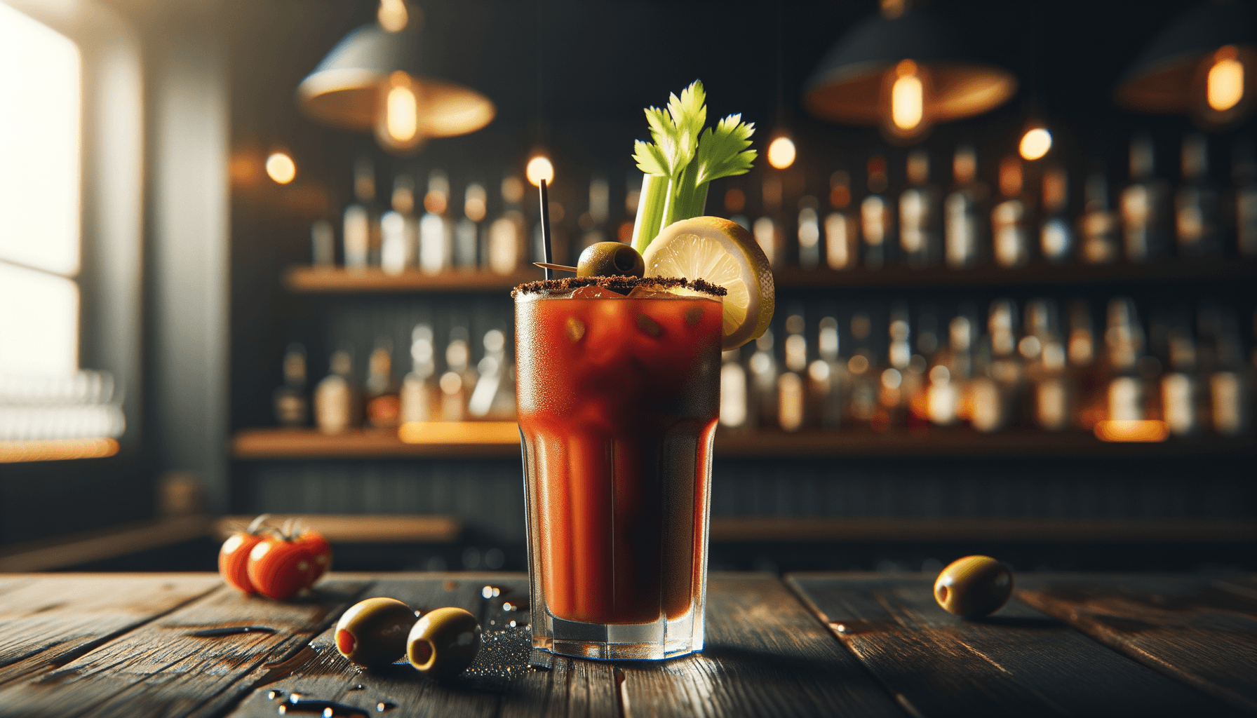 Bloody Mary cocktail - vodka-based served in highball glass with celery stalk, lemon wedge, olives