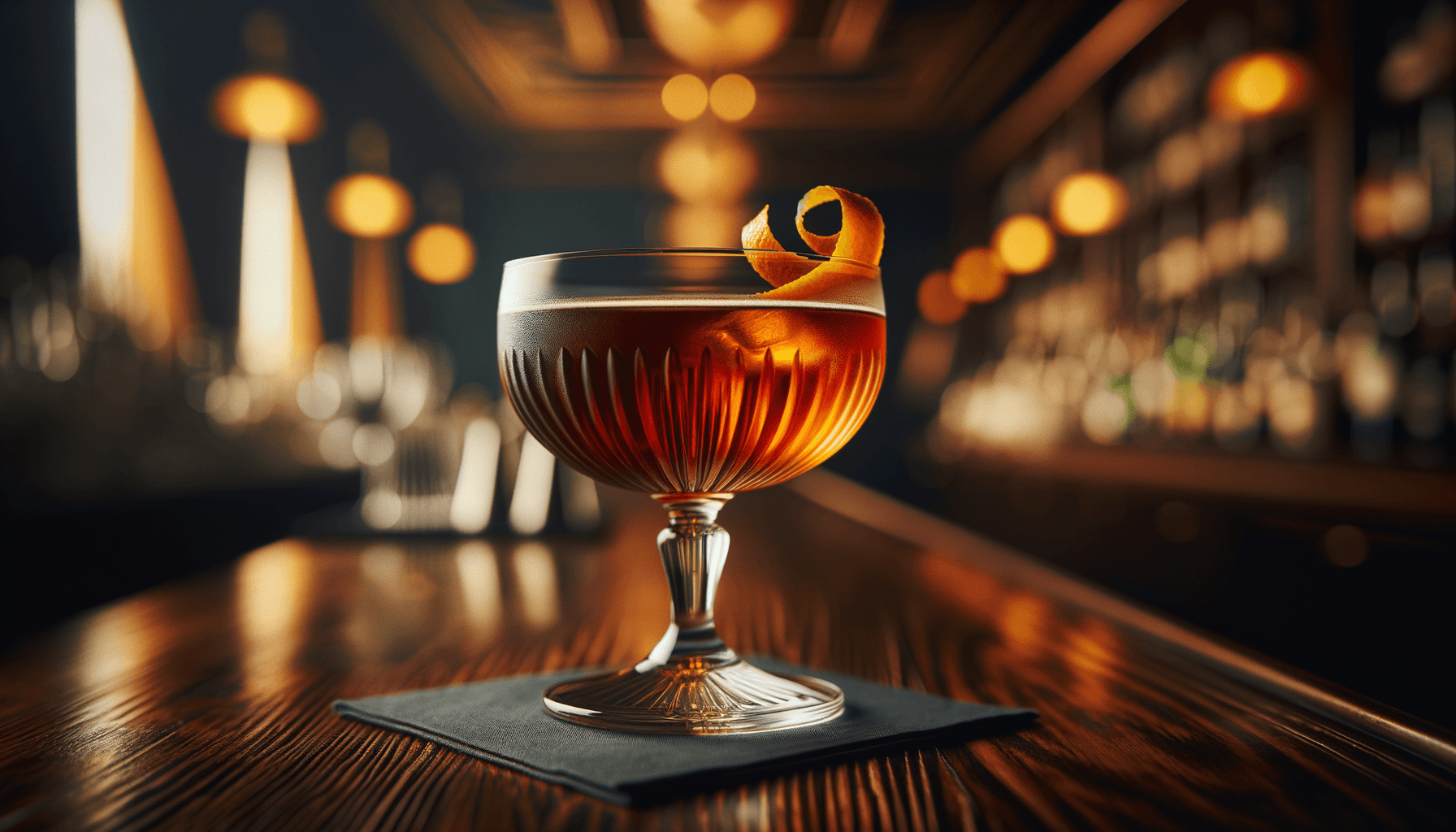 Boulevardier cocktail - whiskey-based served in coupe glass with orange peel