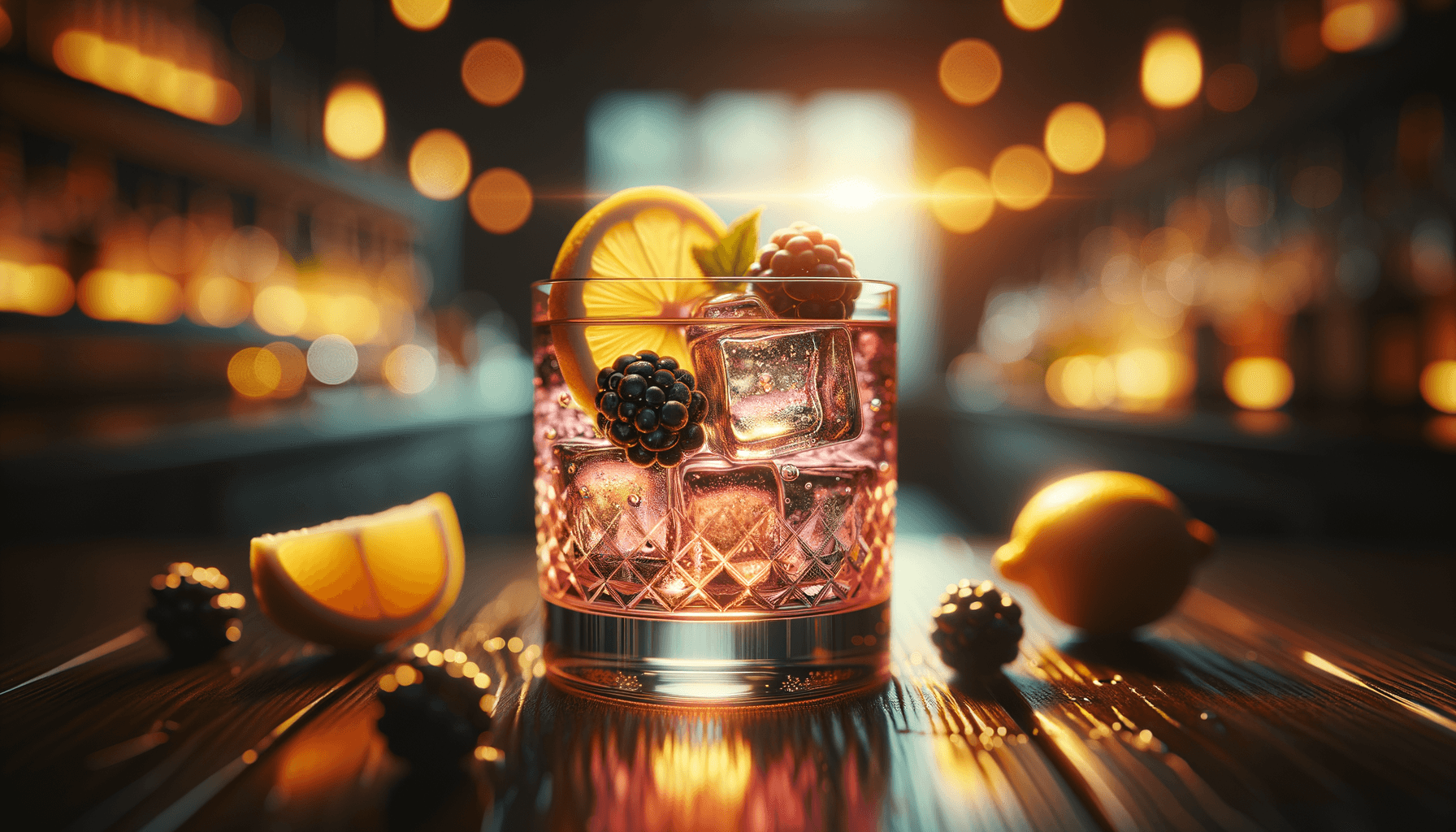 Bramble cocktail - gin-based served in rocks glass with lemon slice and blackberries