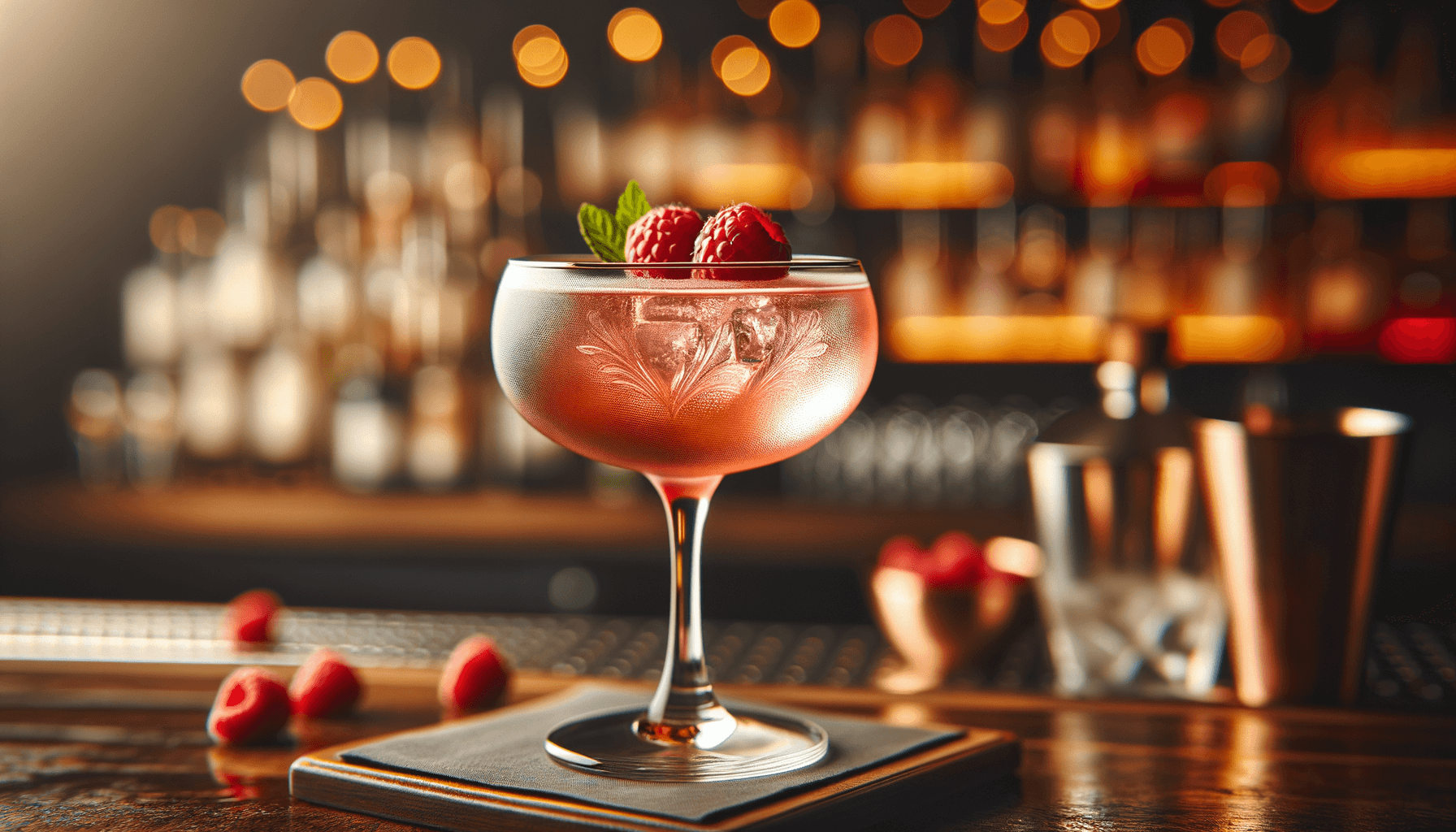 Clover Club cocktail - gin-based served in coupe glass with fresh raspberries