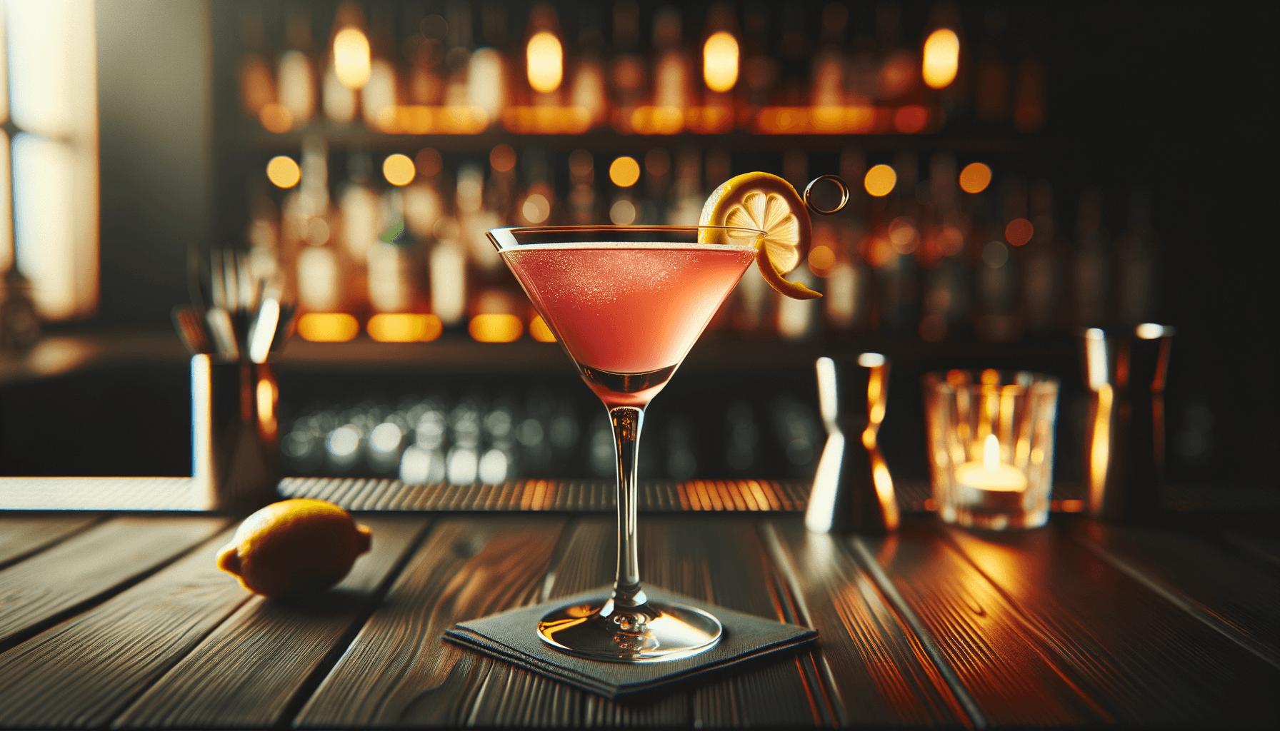 Cosmopolitan cocktail - vodka-based served in Martini Glass with Lemon twist