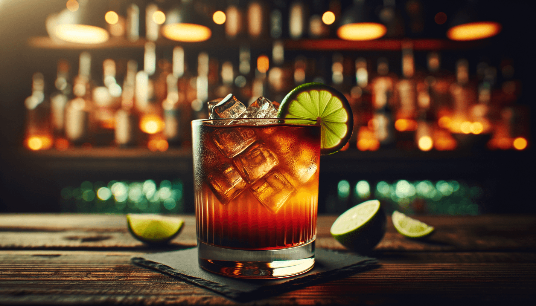 Dark and Stormy cocktail - rum-based served in highball glass with lime wedge