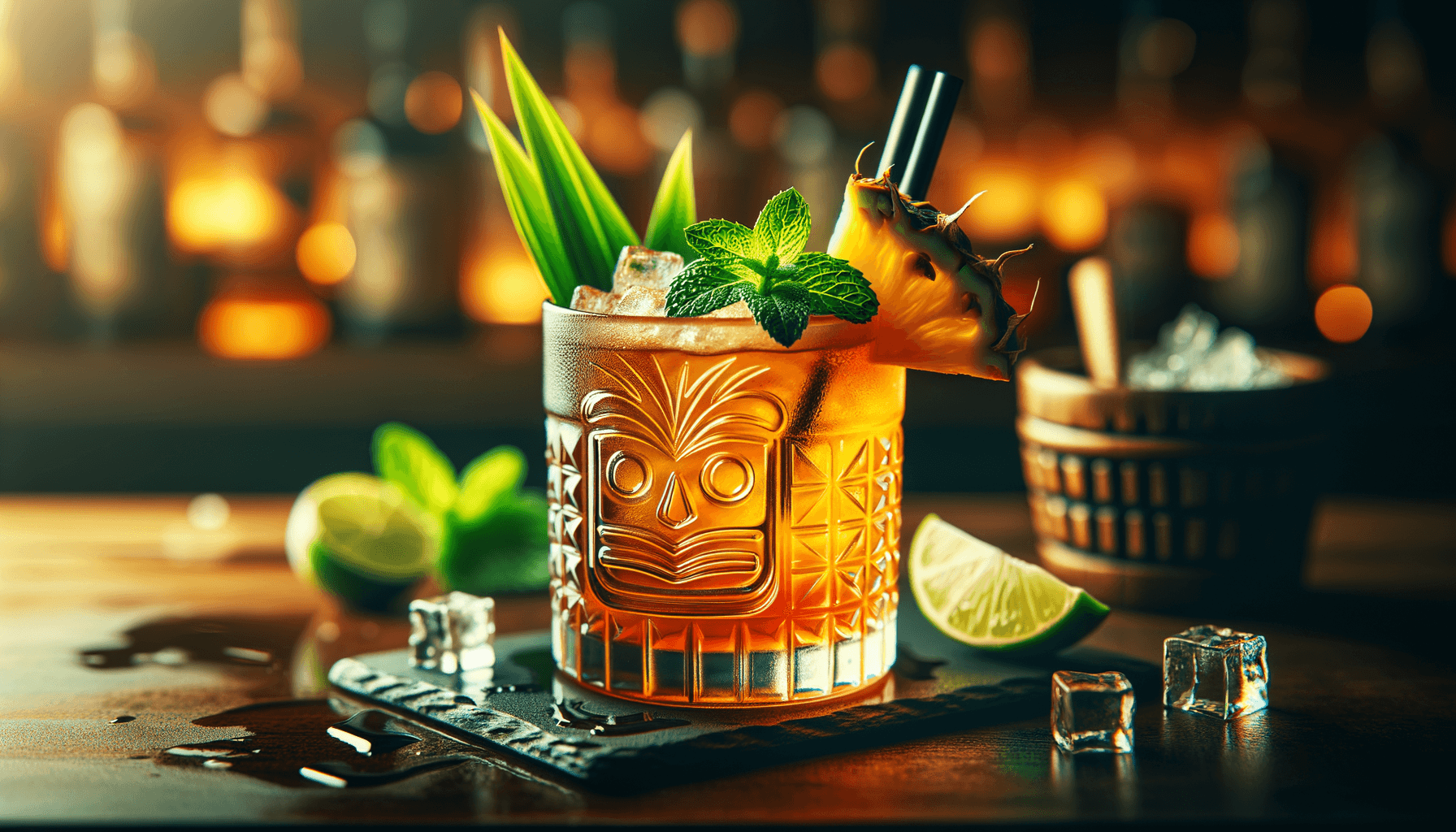 Mai Tai cocktail - rum-based served in Rocks Glass or Tiki Mug with Mint sprig, lime wheel, pineapple
