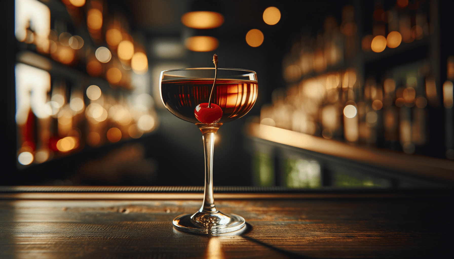 Manhattan cocktail - whiskey-based served in Coupe or Martini Glass with Cocktail cherry