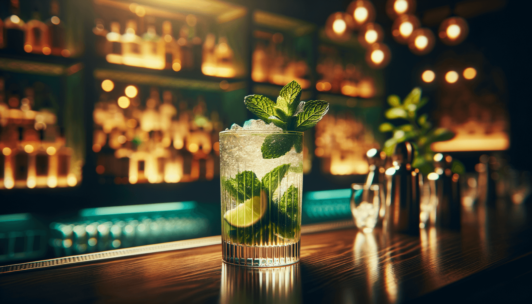 Mojito cocktail - rum-based served in Highball Glass with Mint sprig, lime wheel