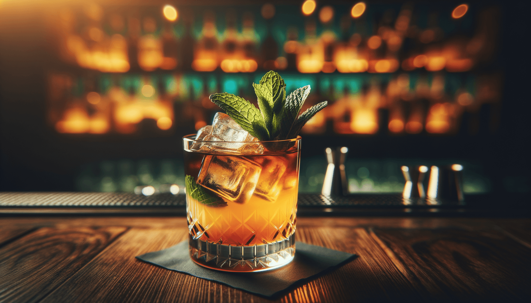 Navy Grog cocktail - rum-based served in double rocks glass with mint sprig