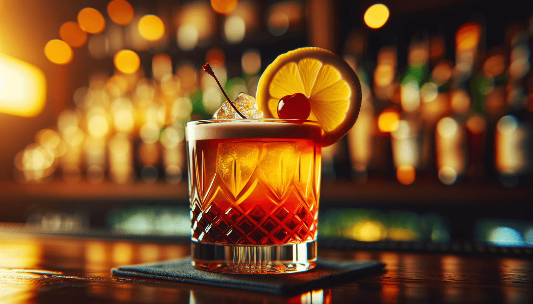 New York Sour cocktail - whiskey-based served in rocks glass with lemon wheel and cherry