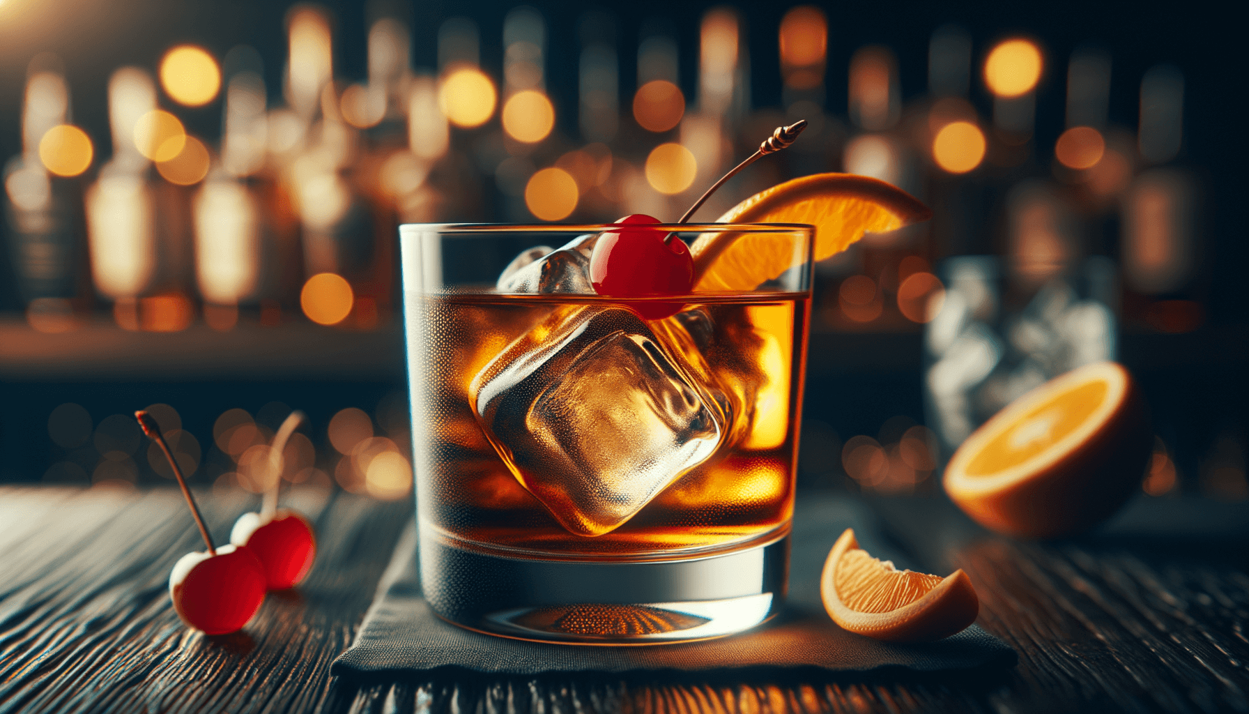 Old Fashioned cocktail - whiskey-based served in Rocks Glass with Orange peel, cherry