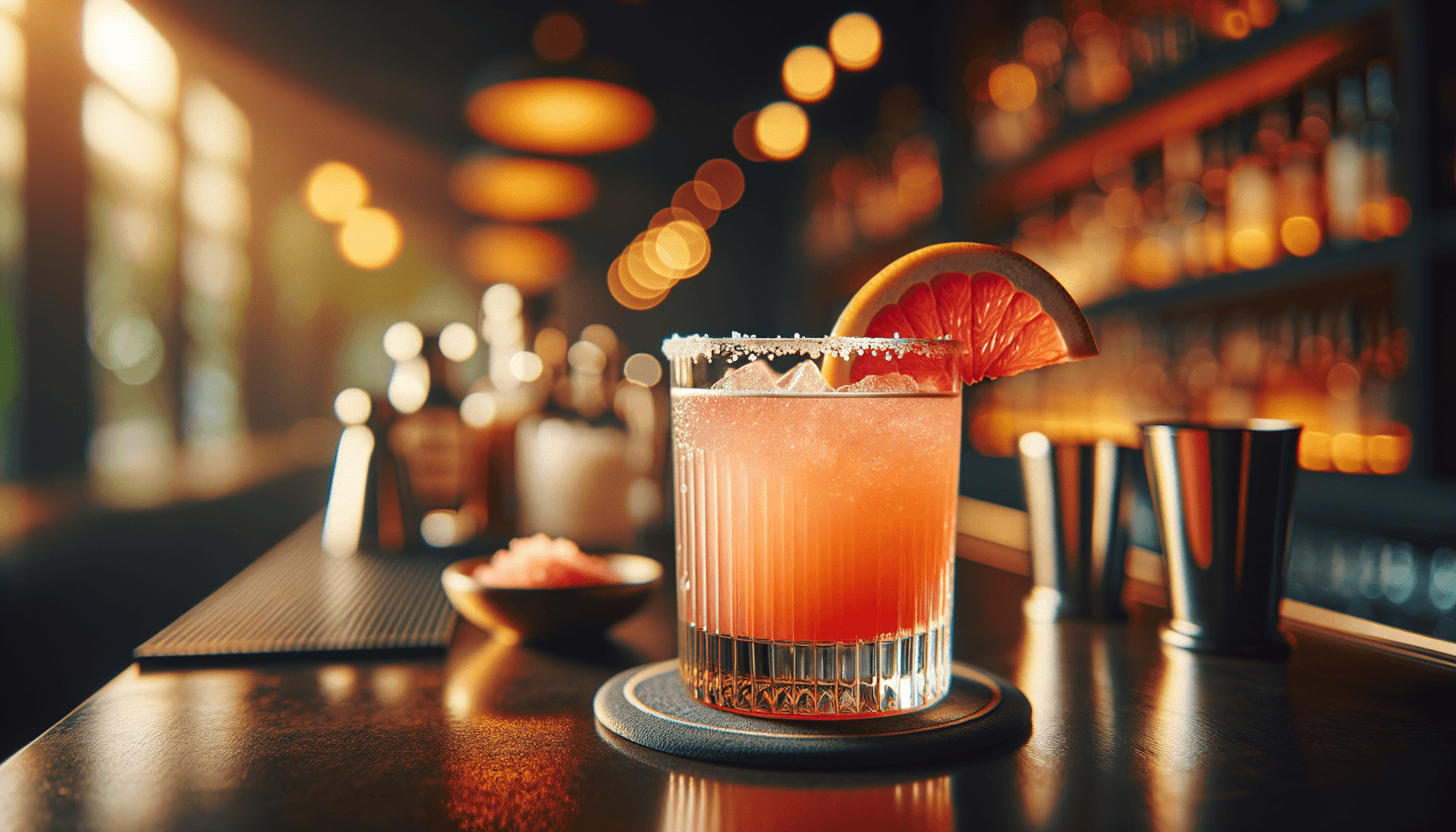 Paloma cocktail - tequila-based served in Highball Glass with Grapefruit wedge, salt rim