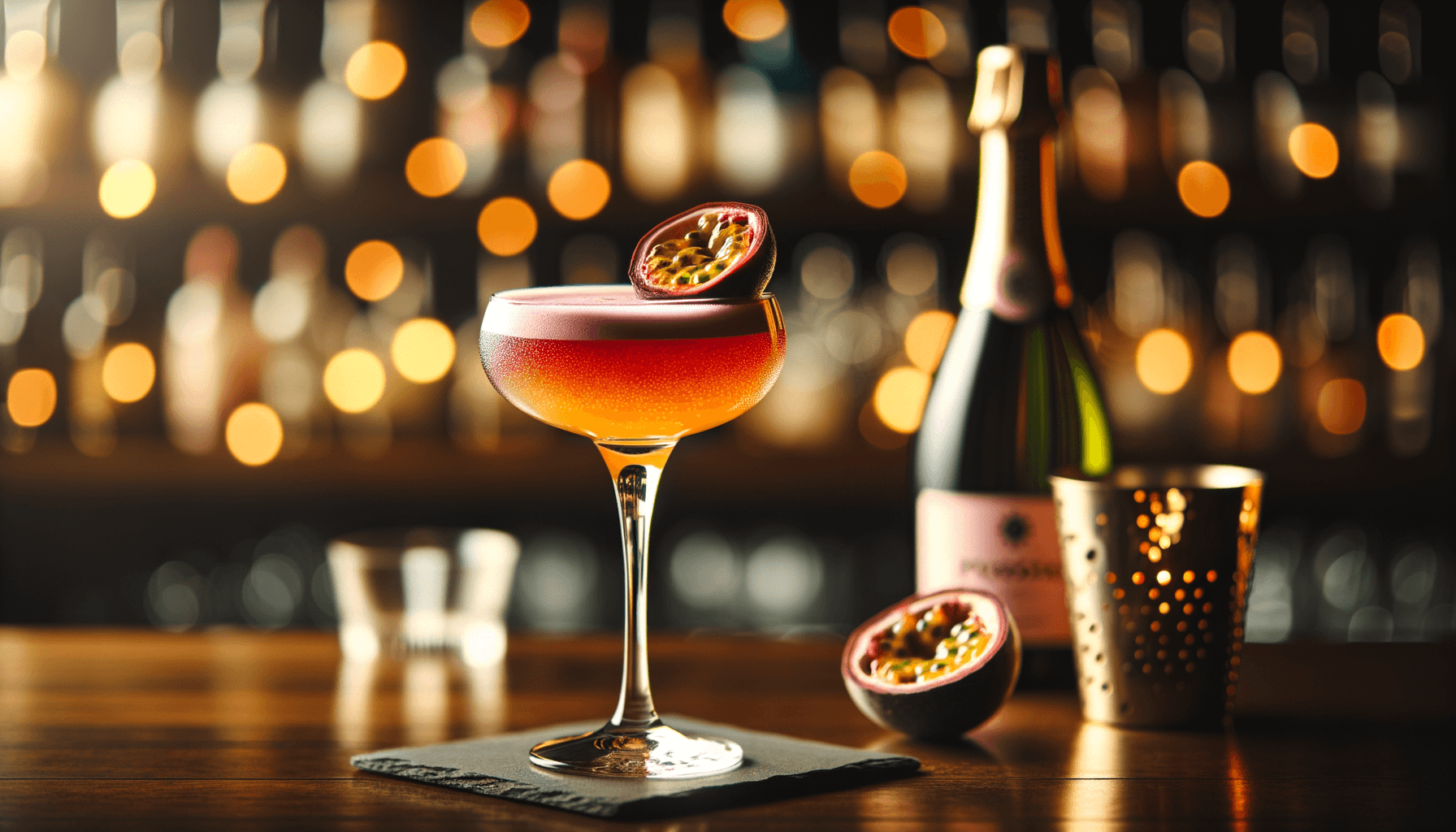 Porn Star Martini cocktail - vodka-based served in coupe glass with passion fruit half and prosecco shot